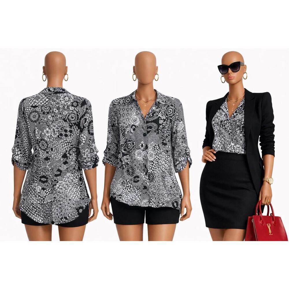 George Women’s 2X 18W/20W Black White Floral Button Up Blouse Roll Tab Sleeve Ca